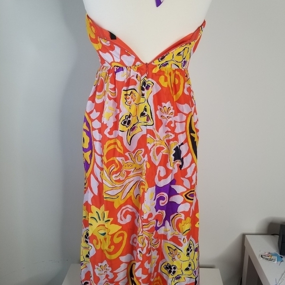 J Crew 100% Silk Sarong Halter Maxi Dress Orange Painted Paisley Size 4 Pleated - Picture 11 of 16